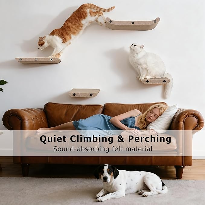 Wall Mounted Cat Shelves and Perches,Scratcher Cat Beds & Furniture for Indoor Cats, Soft PET Felt Feline Climbing Wall Set, Modern Jungle Gym System for Lounging and Sleeping(Set of 4-Oatmeal)