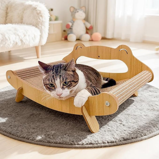 Sisal Cat Scratcher Lounger Bed for Large Indoor Cats – Wooden Cat Scratch Pad, Durable Recliner Chair, Stylish Scratching Couch, 2-in-1 Scratcher & Lounger with Hammock (Large)