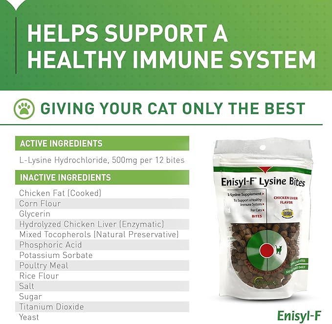 Vetoquinol Enisyl-F Lysine Bites: L-Lysine Chews for Cats & Kittens - Chicken Liver-Flavor, 6.4oz (180g) Recloseable Bag