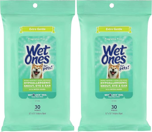 Wet Ones for Pets Extra Gentle Hypoallergenic Dog Wipes with Witch Hazel for Snout, Eye, Ear | Fragrance-Free for All Dogs with Wet Lock Seal | 30 Ct Pouch (Pack of 2)