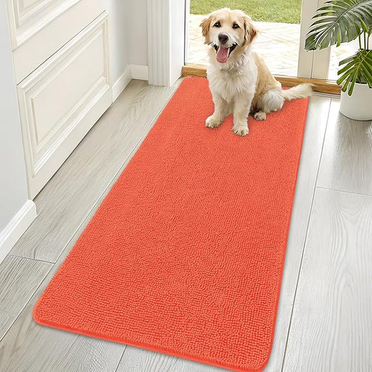 OLANLY Dog Door Mat for Muddy Paws 70x35, Absorbs Moisture and Dirt, Absorbent Non-Slip Washable Doormat, Quick Dry Chenille Mud Mat for Dogs, Entry Indoor Entryway Carpet for Inside Floor, Coral