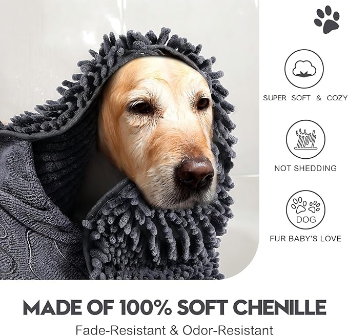 Newwiee 4 Pcs Large Dog Shammy Towel for Drying 32 x 14 in Microfiber Absorbent, Quick Drying Dog Bath Towel with Hand Pocket, Machine Washable for Pet Puppy Cleaning Shower Supplies(Grey)