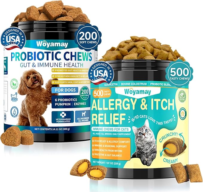 Cat Allergy Relief Chews & Dog Probiotic Bundle, 500 Crunchy & Creamy Anti-Itch Chews for Cats + 200 Soft Probiotic Treats for Dogs | Supports Itchy Skin, Immunity & Digestive Health, Chicken Flavor