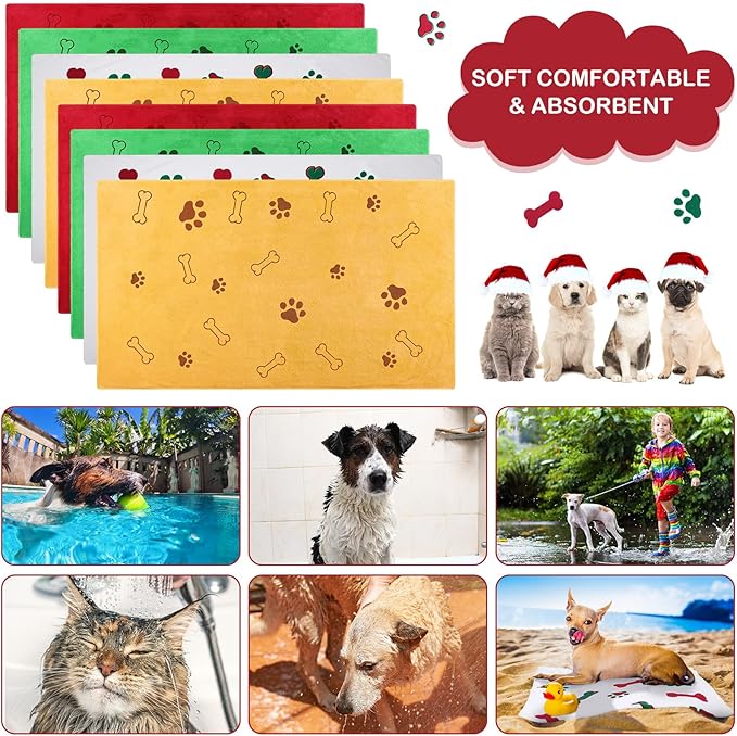 Chumia 8 Pcs Dog Towels for Drying Dogs Cats Pet Towels Bulk Puppy Microfiber Fast Drying Paw Bath Bathing Supplies Absorbent for Medium Pets (Christmas Color,40 x 24 Inch)