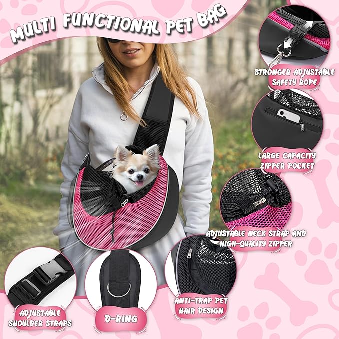 Upgrade Dog Sling Carrier (S,Pink) for Small Dogs/Cats Up to 10LB, Detachable Hard Bottom & Breathable Mesh, Large Storage Pocket, Adjustable Strap - Hands-Free Pet Carrier for Women Travel, Walking