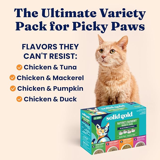 Solid Gold Wet Cat Food Variety Pack Shreds in Gravy - Healthy Canned Cat Food Made w/Real Chicken & Protein Shreds, Vitamins - Grain Free & Gluten Free Canned Meals for Cats & Kittens - 12ct/3oz Can