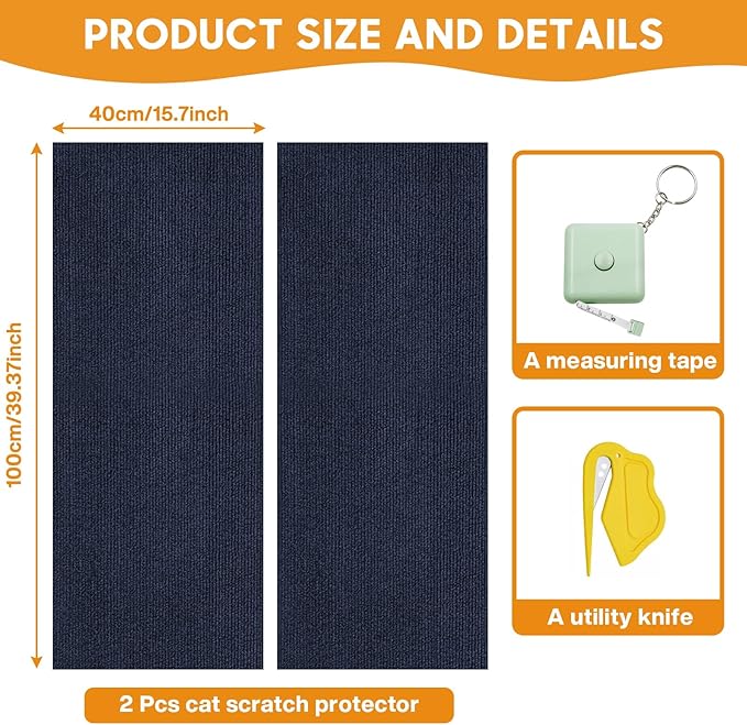 MIAOKE 2 Pcs 40 × 16 in Cat Scratch Furniture Protector with Cutter Slider and Measuring Tape, Trimmable Self-Adhesive Cat Scratch Carpet, Suitable for DIY Cat Tree Stands, Sofas,Cat Tower