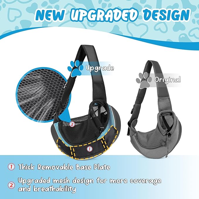 Upgraded Breathable Mesh Dog Sling Carrier for Small Dogs & Cats Up to 10 lbs- Detachable Hard Bottom, Adjustable Strap & Large Pocket - Hands-Free Pet Carrier for Travel Walking Hiking (Cyan Size M)