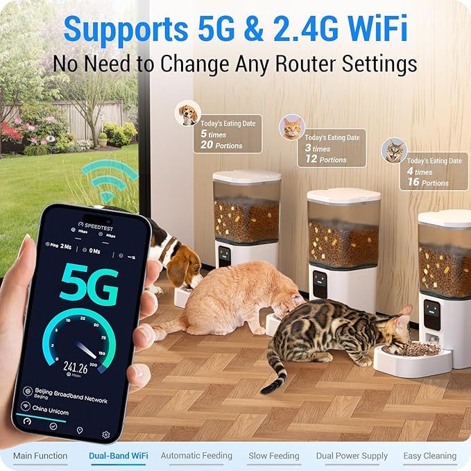 Automatic Cat Feeder with Slow Feed: 5G WiFi Automatic Dog Feeder with APP Control, 7L Timed Auto Cat Food Dispenser with Alexa for Multiple Pets, Detachable for Easy Cleaning - 29 Cup