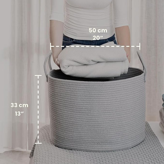 OrganiHaus Large Woven Storage Basket for Blankets and Toys 20" x 13" Inch, Rope Laundry Basket with Handles, Cushions & Pillows Storage Bin, Nursery Hamper, Soft Round Dog Toy Bin - Gray