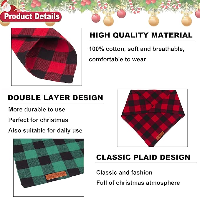 ADOGGYGO 4 Pack Dog Bandana Christmas Classic Plaid Bandana Scarf, Multiple Sizes Offered, Blue White Green Red Plaid Bandana for Small Dogs (Small)