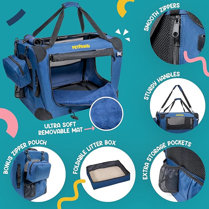 Soft Pet Carrier & Dog Carrier with Travel Litter Box & Collapsible Bowl – Large Cat Carrier & Small Dog Crate for Car, Vet Visits, Home & Traveling