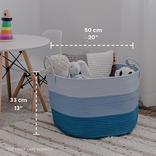 OrganiHaus Large Woven Storage Basket for Blankets and Toys 20" x 13" Inch, Rope Laundry Basket with Handles, Cushions & Pillows Storage Bin, Nursery Hamper, Soft Round Dog Toy Bin - Blue