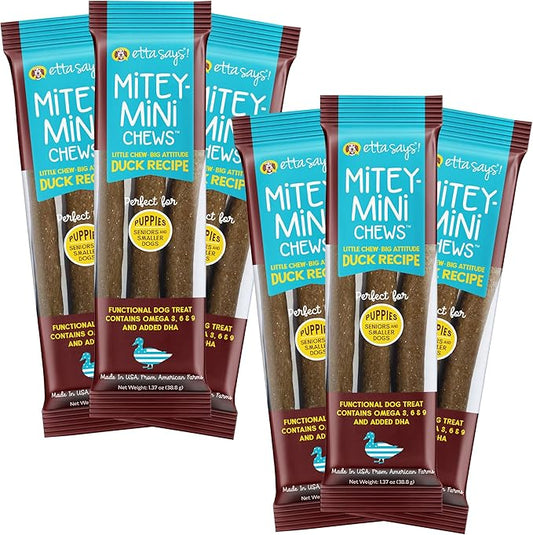 etta says! Mitey Mini Chews Dog Treats - Made in The USA - Grain-Free and Odor-Free - All-Natural Dog Chews - Perfect for Puppies and Senior Dogs - with Omega 3, 6, and 9 - Duck - 6 Pack - 18 Count