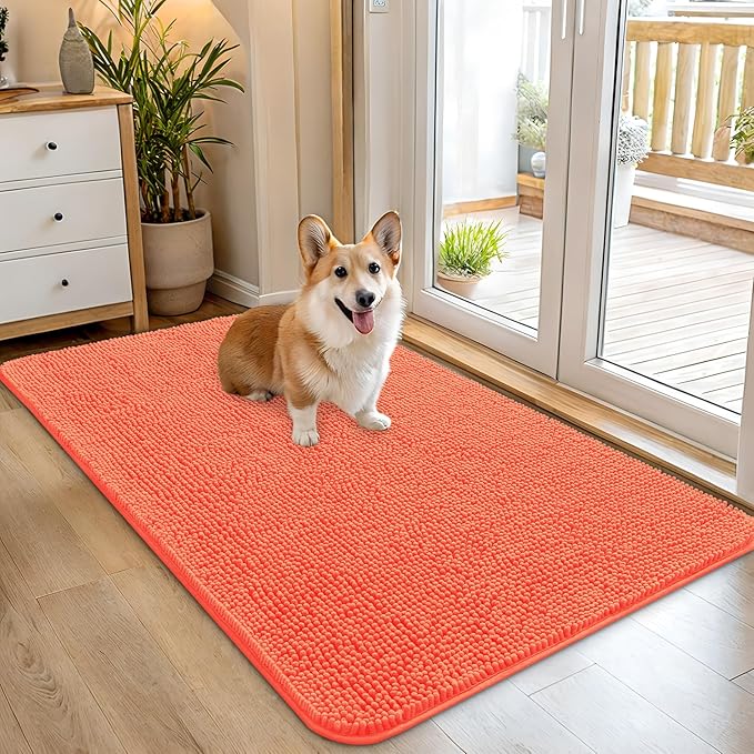 OLANLY Dog Door Mat for Muddy Paws 45x27, Absorbs Moisture and Dirt, Absorbent Non-Slip Washable Doormat, Quick Dry Chenille Mud Mat for Dogs, Entry Indoor Entryway Carpet for Inside Floor, Coral