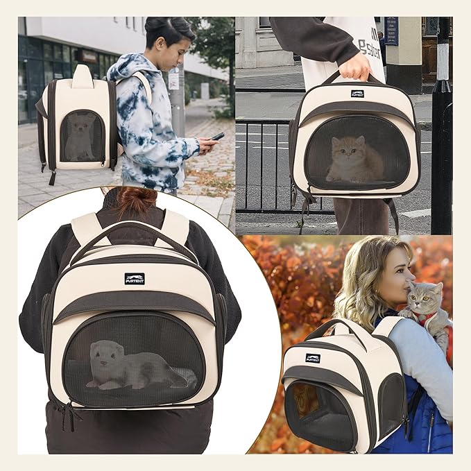 Bunny Backpack, Breathable Collapsible Small Pet Carrier with Safety Leash - for Puppies, Kittens, and Ferret Weighing up to 8 lbs, Designed for Travel, Walking and Outdoor Use Cat Bag, Beige