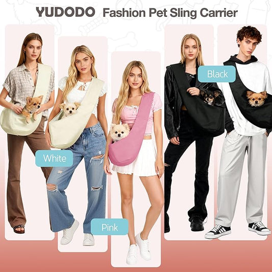 YUDODO Fashion Dog Sling Carrier for Small Dogs Lightweight Crossbody Pet Bag with Safety Strap, Pocket Storage, Machine Washable, Comfortable Travel & Outdoor Sling up to 9 lbs White