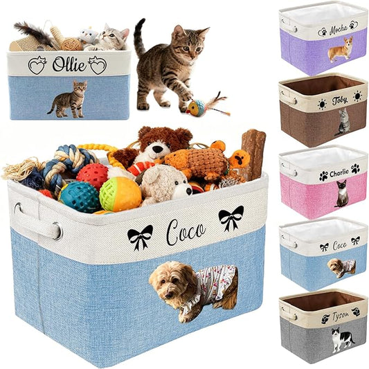 Custom Dog Toy Basket with Name Photo, Personalized Toys Clothing Storage Bins for Dogs Cats Pet,Collapsible Doggy Box Customized for Toy Food Blue