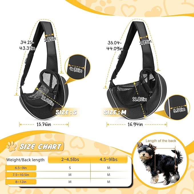 Dog Sling for Small Dogs & Cats Up to 10 lbs with Detachable Hard Bottom Breathable Mesh, Adjustable Strap & Large Pocket - Hands-Free Pet Carrier for Travel Walking Hiking (Black Size S)