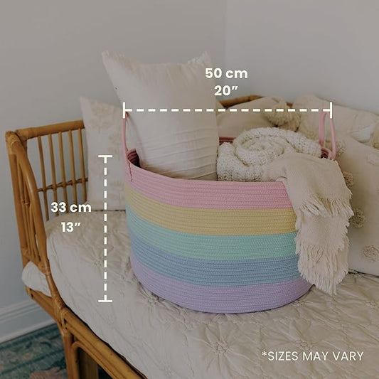 OrganiHaus Rainbow Blanket Basket for Classroom & Nursery, Extra Large Woven Laundry Basket W/Handles, Kids Toy Organizer & Storage, Soft Round Dog Toy Storage Bin, Cute Bin - 20"x13" in