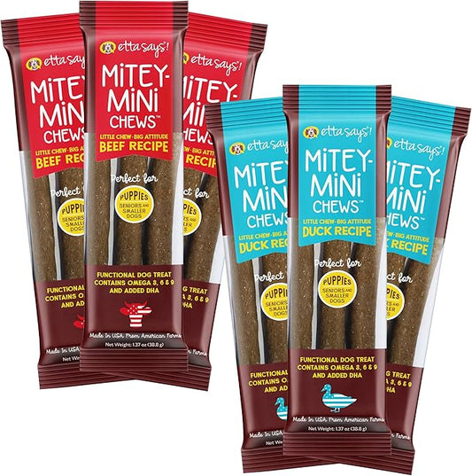 Etta Says! Mitey Mini Chews Dog Treats - Made in the USA - Grain-Free and Odor-Free - All-Natural Dog Chews - Perfect for Puppies and Senior Dogs - With Omega 3, 6, and 9 - Variety - 6 pack - 18 count