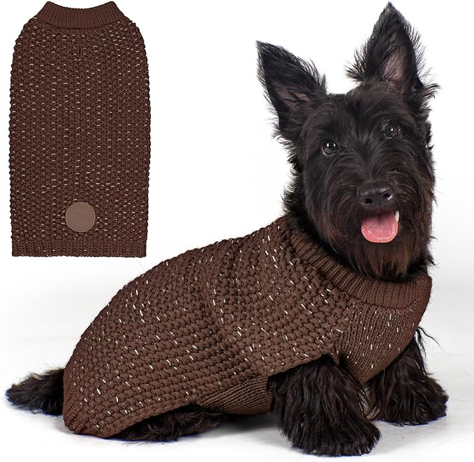 KYEESE Dog Sweater with Leash Hole for Small Dogs Male Warm Pullover with Reflective Yarn Soft Knit Pullover Boy Dog Coats Cozy Lightweight Thick Sweater Pet Indoor Outdoor Wear,Khaki,Small