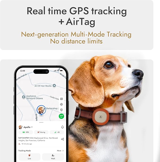 Molly&Cody GPS + Bluetooth Pet Tracker for Cats & Dogs – Real‑Time Tracking, Virtual Fence, IP67 Waterproof, Up to 60‑Day Battery, Health Monitoring, iOS/Android – Subscription Required (Gold)