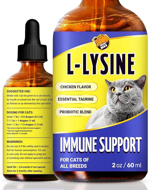 L Lysine for Cats for Respiratory & Immune Support – Cat Antibiotic to Help with Watery Eyes, Cough, Runny Nose, Sneezing – Taurine & Vitamins for Kittens & Senior Ones – Chicken Flavor – 2-Oz Drops