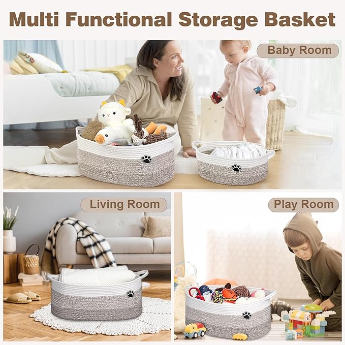 Dog Toy Basket, Toy Box and Bin for Dog Cat Storage, 19.7" X 11" X 7.9" (30L) Large Woven Rope Basket for Blanket Storage, Living Room, Bedroom, White & Brown
