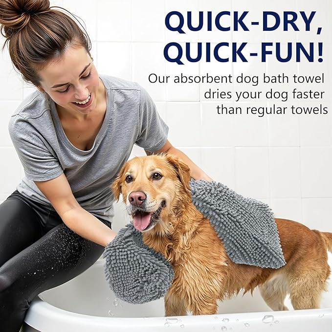 OLANLY Chenille Dog Bath Towel 38x15, Ultra Absorbent Quick Dry Pet Towel, Extra Soft Washable Plush Towel for Large Dogs & Puppies, Indoor Outdoor Use, Grey
