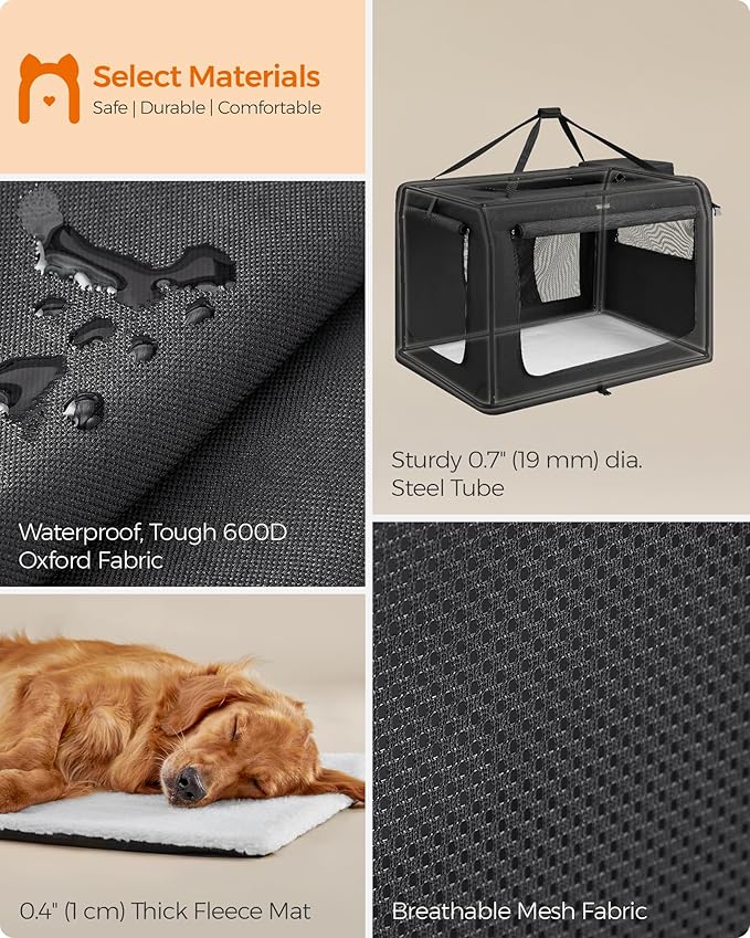 Feandrea 48 Inches Collapsible Soft Dog Crate, Portable Travel Dog Crate for Indoor and Outdoor Use, Dog Carrier Kennel with Safety Zippers, for Living Room, Car, Travelling, Camping, Black UPDC12H