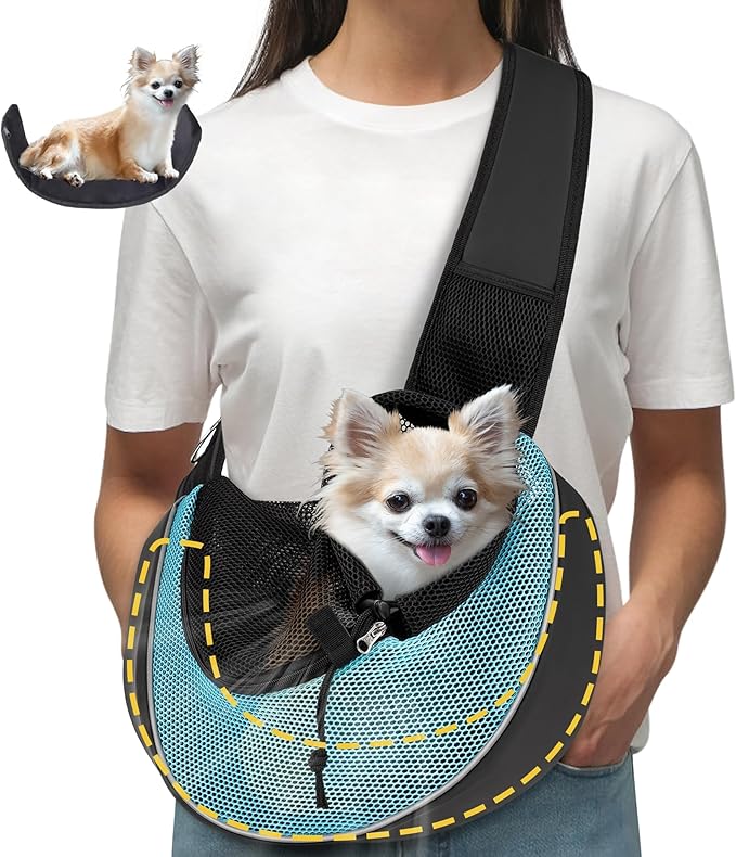 Upgraded Breathable Mesh Dog Sling Carrier for Small Dogs & Cats Up to 10 lbs- Detachable Hard Bottom, Adjustable Strap & Large Pocket - Hands-Free Pet Carrier for Travel Walking Hiking (Cyan Size M)