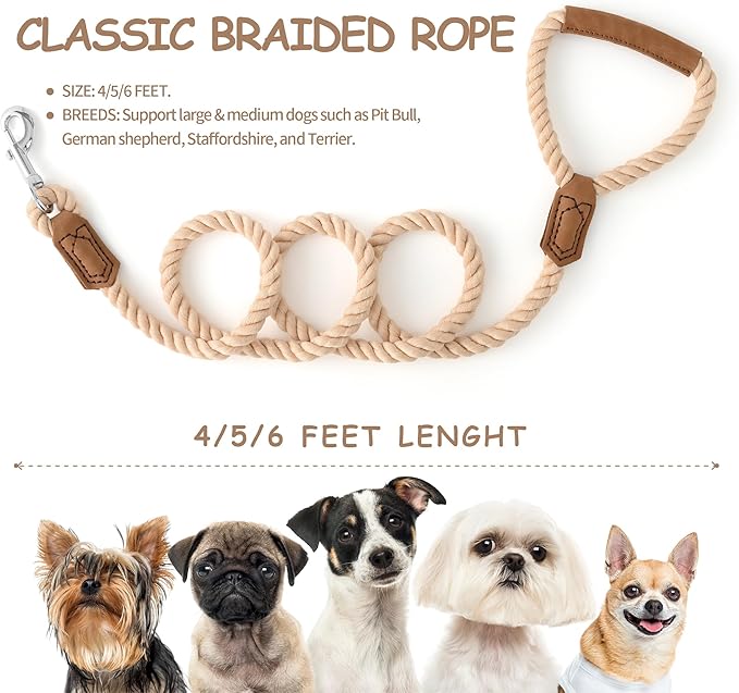 Mile High Life Dog Leash, Braided Cotton Rope Leashes with Leather Handle - Heavy Duty Metal Clasp, 4FT, 1/2" Thick - Wedding, Walking & Training Leash for Small Medium Large Dogs (Light Brown)