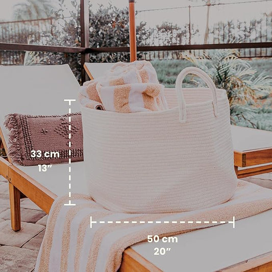 OrganiHaus Large Woven Storage Basket for Blankets and Toys 20" x 13" Inch, Rope Laundry Basket with Handles, Cushions & Pillows Storage Bin, Nursery Hamper, Soft Round Dog Toy Bin - Off-White