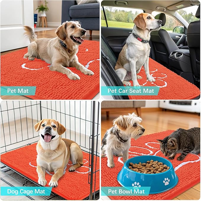 OLANLY Dog Door Mat for Muddy Paws 36x24, Paw Print Design, Absorbs Moisture and Dirt, Absorbent Non-Slip Washable Doormat, Quick Dry Chenille Mud Mat for Dogs, Entry Indoor Entryway Carpet, Coral