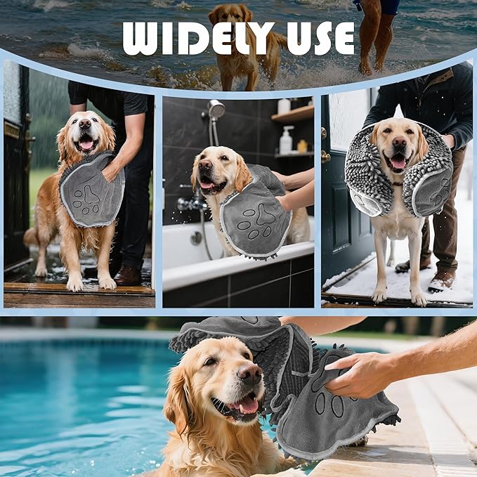 Super Absorbent Dog Towel with Hand Pockets - Fast Drying Microfiber Pet Towel for Bath, Beach & Rain, Machine Washable, 32x14 Inches, Grey