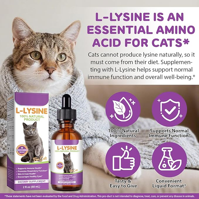 Cat L-Lysine Supplement for Immune & Respiratory Support 60ml, Support for Sneezing, Runny Nose & Eye Function, L-lysine Drops Roast Chicken Flavor.