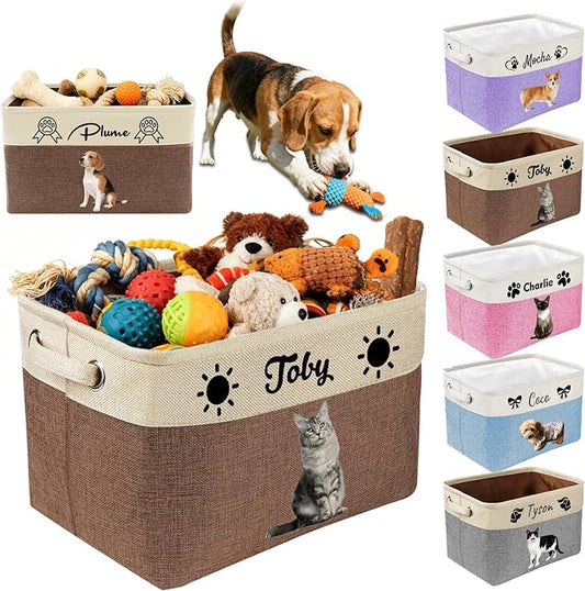 Custom Dog Toy Basket with Name Photo, Personalized Toys Clothing Storage Bins for Dogs Cats Pet,Collapsible Doggy Box Customized for Toy Food Brown