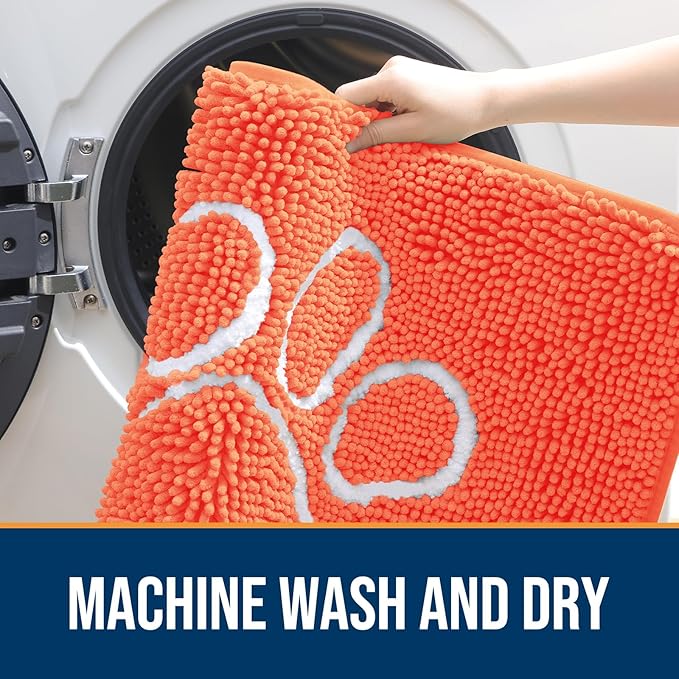 OLANLY Dog Door Mat for Muddy Paws 36x24, Paw Print Design, Absorbs Moisture and Dirt, Absorbent Non-Slip Washable Doormat, Quick Dry Chenille Mud Mat for Dogs, Entry Indoor Entryway Carpet, Coral