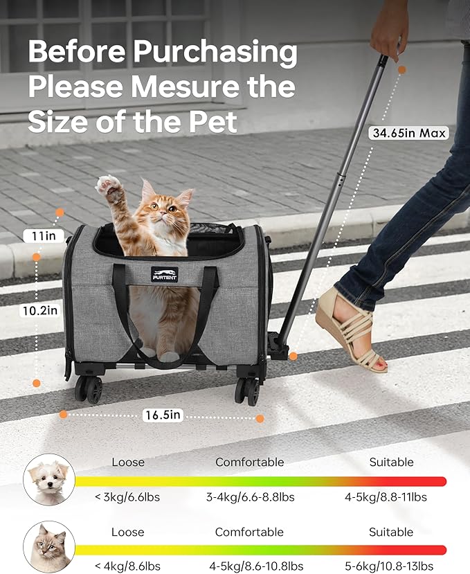 Pet Carrier with Removable Wheels American Airline Approved, Rolling Cat Carrier with Telescopic Handle and Shoulder Strap, Breathable Soft-Sided Carrier with Locking Zipper for Small Cats Dogs(Grey)
