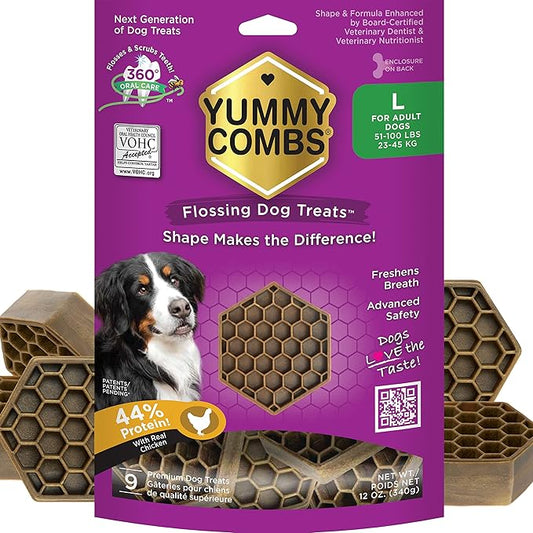 Yummy Combs Dog Dental Treats – Vet VOHC Approved – Delicious Chicken Protein – Removes Tartar with Cleaning Comb Shape – Dental Dog Treats for Large Dogs (12oz, 9 Count)