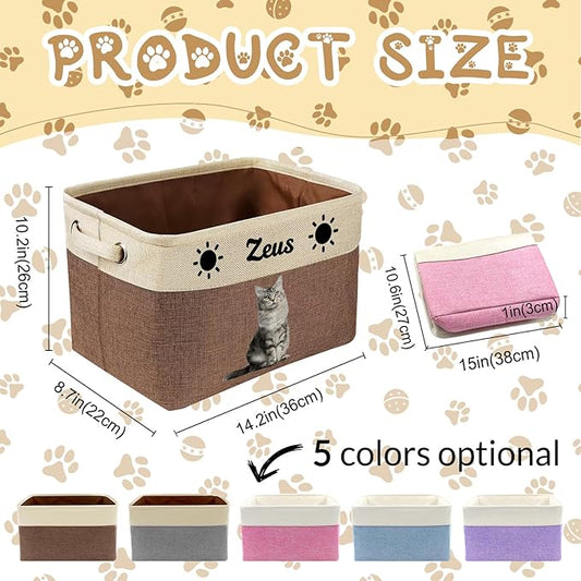 Custom Dog Toy Basket with Name Photo, Personalized Toys Clothing Storage Bins for Dogs Cats Pet,Collapsible Doggy Box Customized for Toy Food Brown