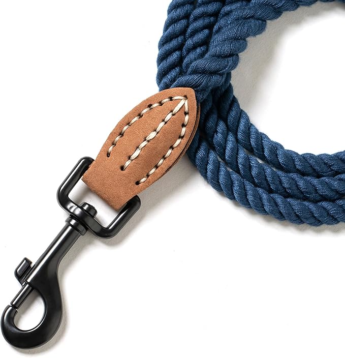 Mile High Life Dog Leash, Braided Cotton Rope Leashes with Leather Tip - Heavy Duty Metal Clasp, 4FT, 1/3" Thick - Wedding, Walking Leash for Small Medium Puppy(Navy)