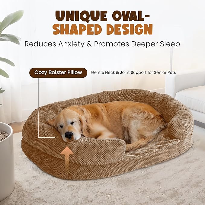 Orthopedic Dog Bed for Large Dogs, Removable Washable Cover, Memory Foam Indestructible Pet Couch for Big Dogs, Sturdy and Cozy Round Bed with Bolstered Sides, Durable Crate Bed, Camel