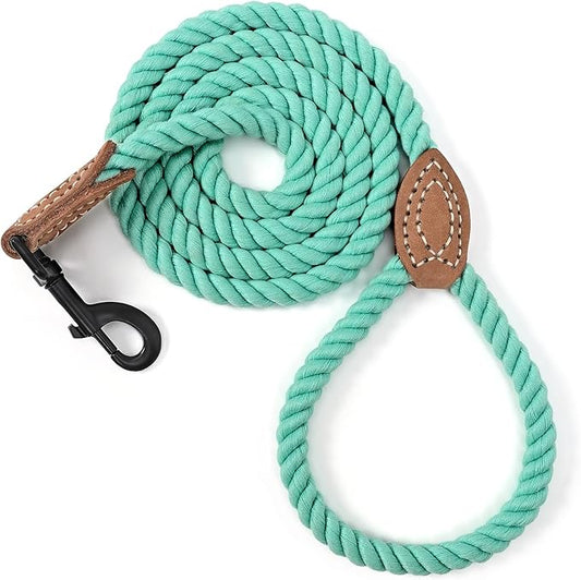 Mile High Life Dog Leash, Braided Cotton Rope Leashes with Leather Tailor Tip with Leather Tip - Heavy Duty Metal Clasp, 5FT, 1/2" Thick - Wedding, Walking Leash for Medium Large Dogs(Green)