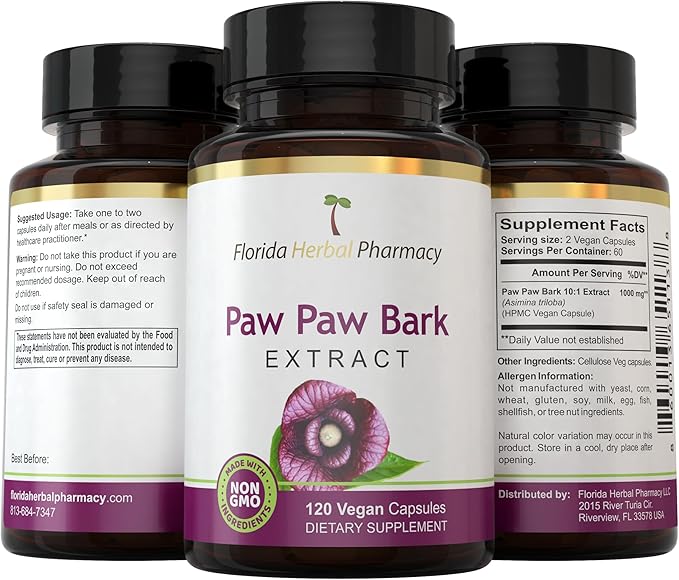 Florida Herbal Pharmacy, Paw Paw Extract Supplement Capsules 10:1 (120 Capsules) 500 mg per Capsule, 1000 mg Serving (Pack of 1)