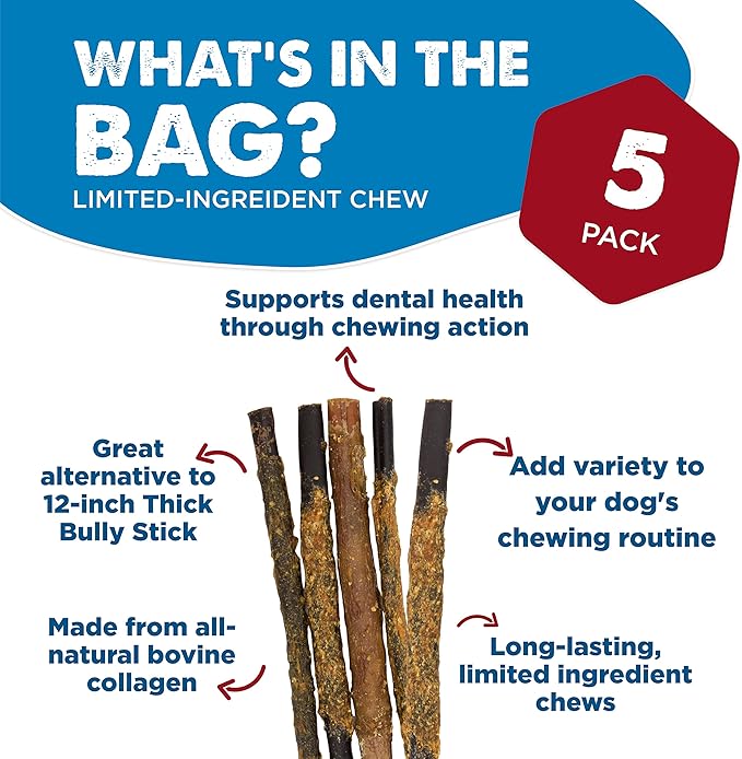Best Bully Sticks Chicken Wrapped Beef Collagen Sticks - 12 Inch 5 Count (Pack of 1) - Natural, USA Baked and Packed, Easily Digestible, Limited Ingredient, Rawhide Alternative