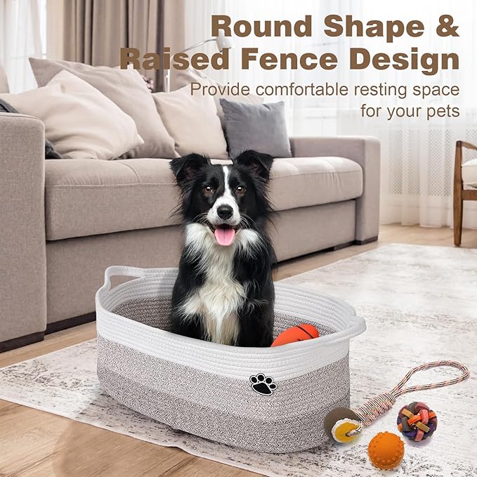 Dog Toy Basket, Toy Box and Bin for Dog Cat Storage, 19.7" X 11" X 7.9" (30L) Large Woven Rope Basket for Blanket Storage, Living Room, Bedroom, White & Brown