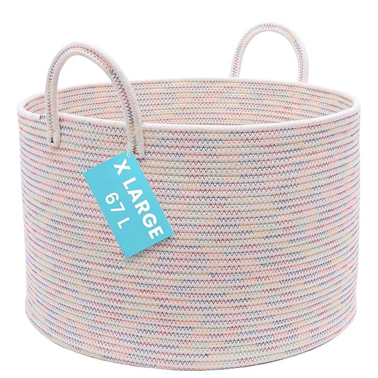 OrganiHaus Large Woven Storage Basket for Blankets and Toys 20" x 13" Inch, Rope Laundry Basket with Handles, Cushions & Pillows Storage Bin, Nursery Hamper, Soft Round Dog Toy Bin - Rainbow Stitches