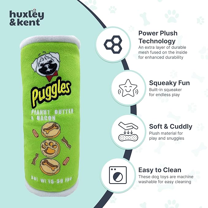 Huxley & Kent Funny Dog Toy w/Squeaker – Power Plush Squeaky Dog Toys for Small, Medium & Large Dogs – Soft Stuffed Animal for Indoor Play & Fetch - Puggles Can, Large